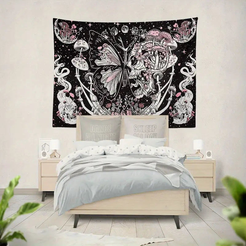Mushroom Skull Wall Art Tapestry with Butterfly Pattern