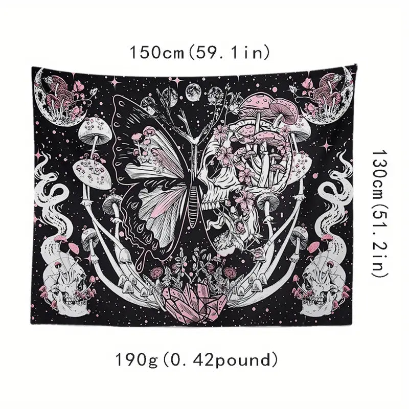 Mushroom Skull Wall Art Tapestry with Butterfly Pattern