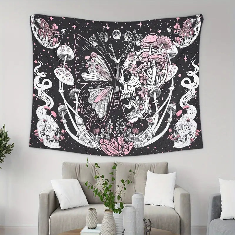 Mushroom Skull Wall Art Tapestry with Butterfly Pattern