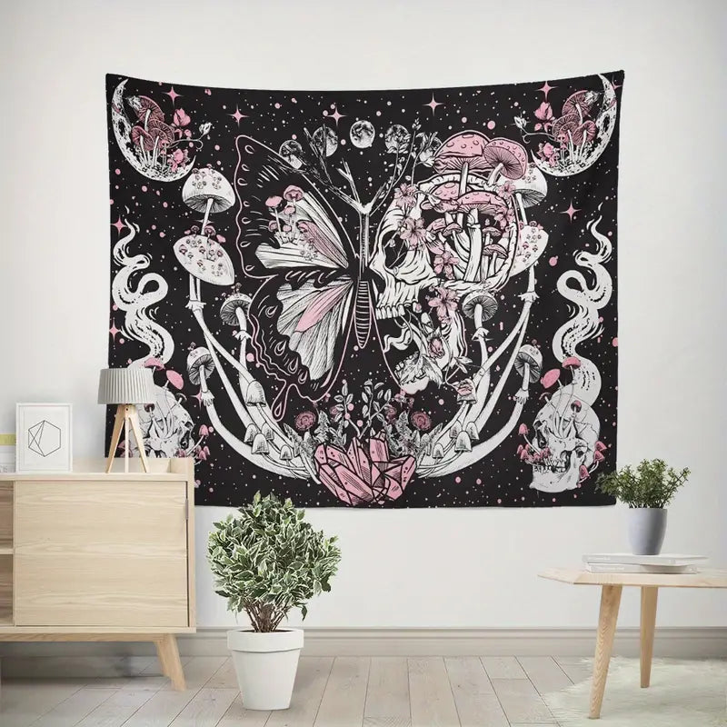 Mushroom Skull Wall Art Tapestry with Butterfly Pattern