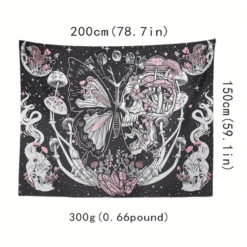 Mushroom Skull Wall Art Tapestry with Butterfly Pattern