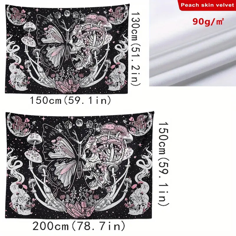 Mushroom Skull Wall Art Tapestry with Butterfly Pattern